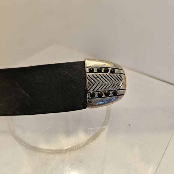 Black Leather Belt with Silver Buckle - Picture 5 of 8